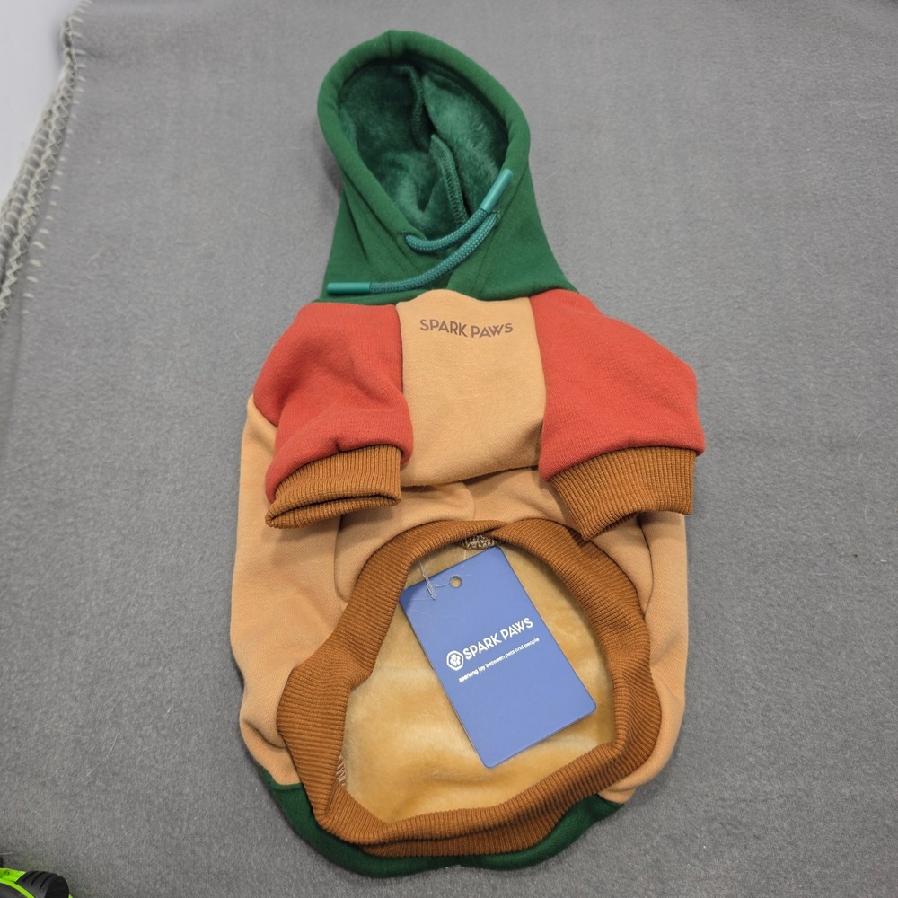 Spark Paws Dog Hoodie Colorblock Green Orange Tan Fleece Lined NWT J